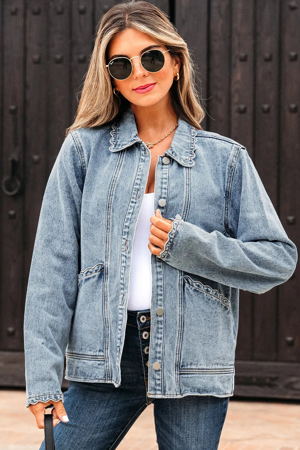 Blue Scallop Trim Collar Patched Pocket Button Up Mineral Washed Denim Jacket