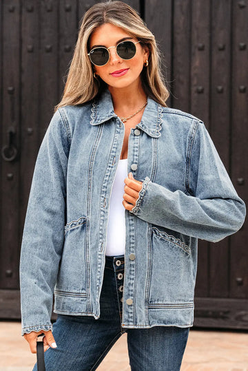 Blue Scallop Trim Collar Patched Pocket Button Up Mineral Washed Denim Jacket