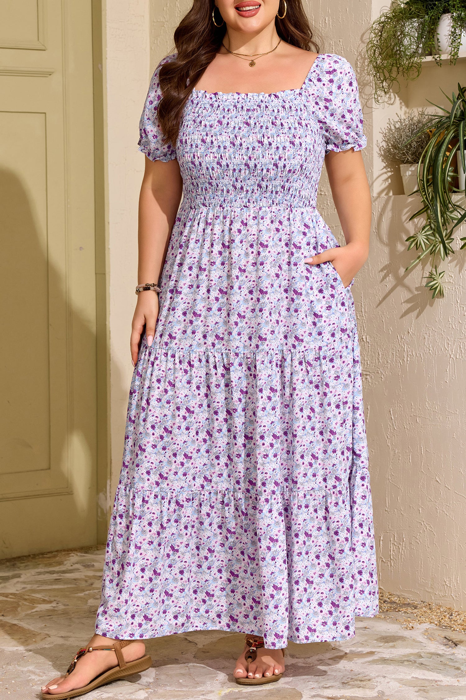 Plus Size Floral Print Square Neck Smocked Maxi Dress – Purple