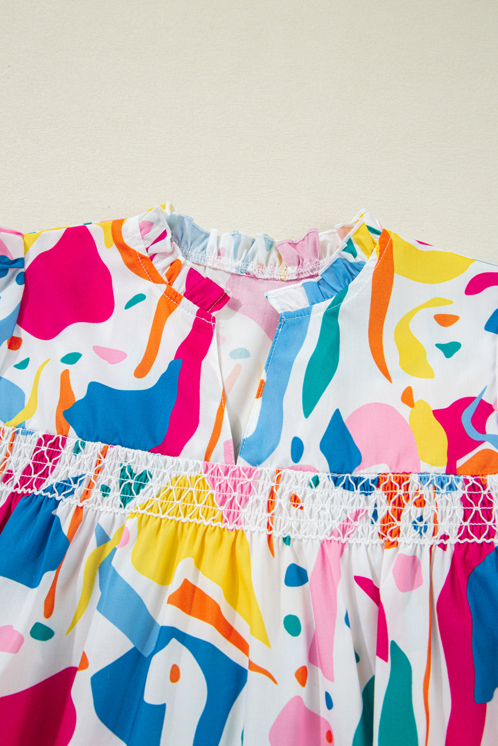 Multicolour Abstract Print Lace Detail Shirred Short Sleeve Split Neck Blouse eAura