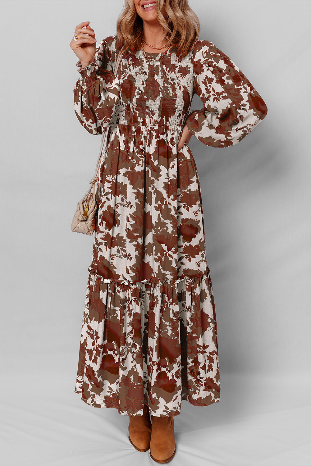 Floral Puff Sleeve Smocked Bodice Maxi Dress – Orange & Chestnut