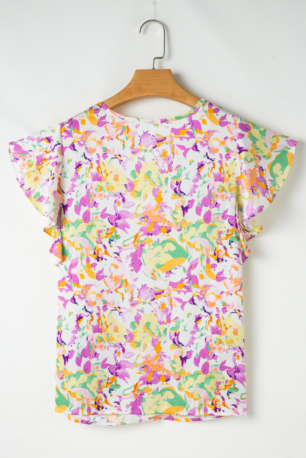 Purple Abstract Printed Ruffled Short Sleeve Notched Neck Blouse eAura