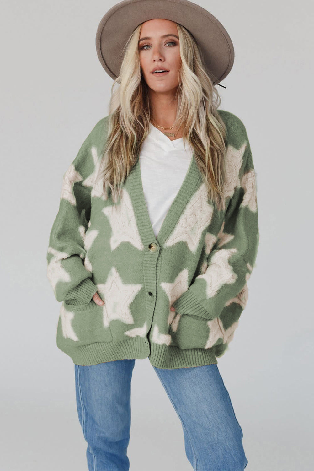 Green Sherpa Star Pattern Textured Sweater Cardigan with Pockets eAura