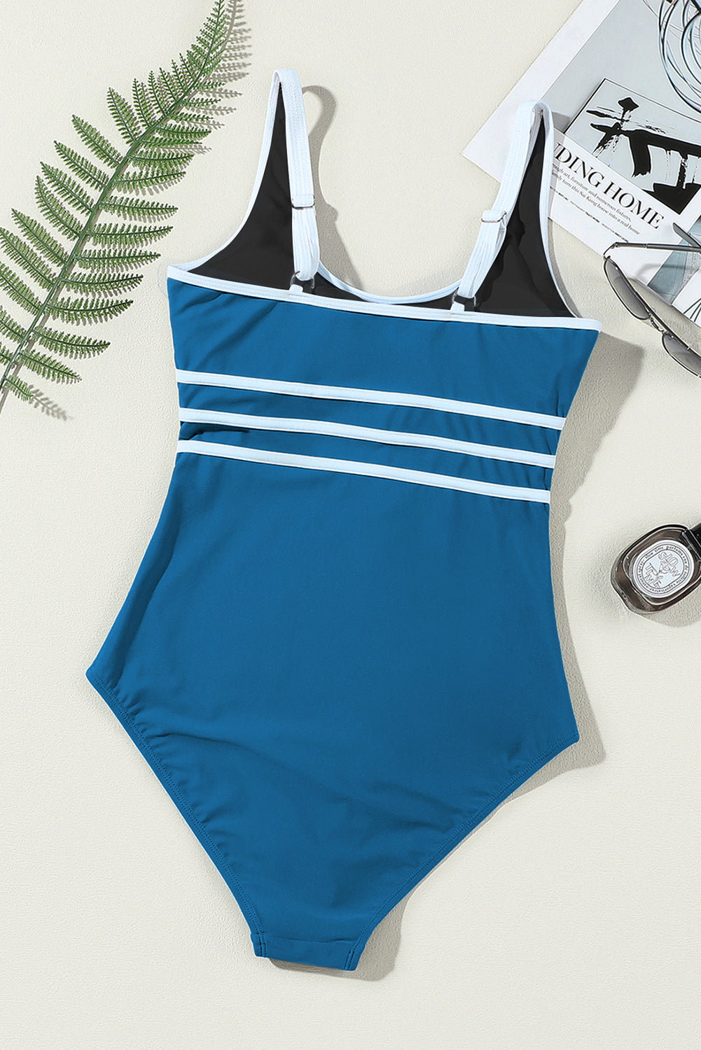 Blue Contrast Trim U Neck One Piece Swimwear eAura