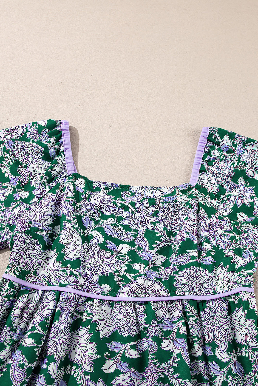 Green Floral Print Piping Trim Bubble Sleeve Square Neck Dress BB Fashion Outlet