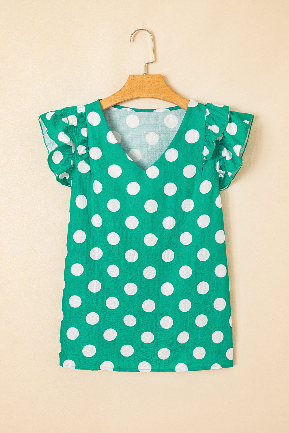 Black Polka Dot Print Ruffled Sleeve V Neck Blouse eAura