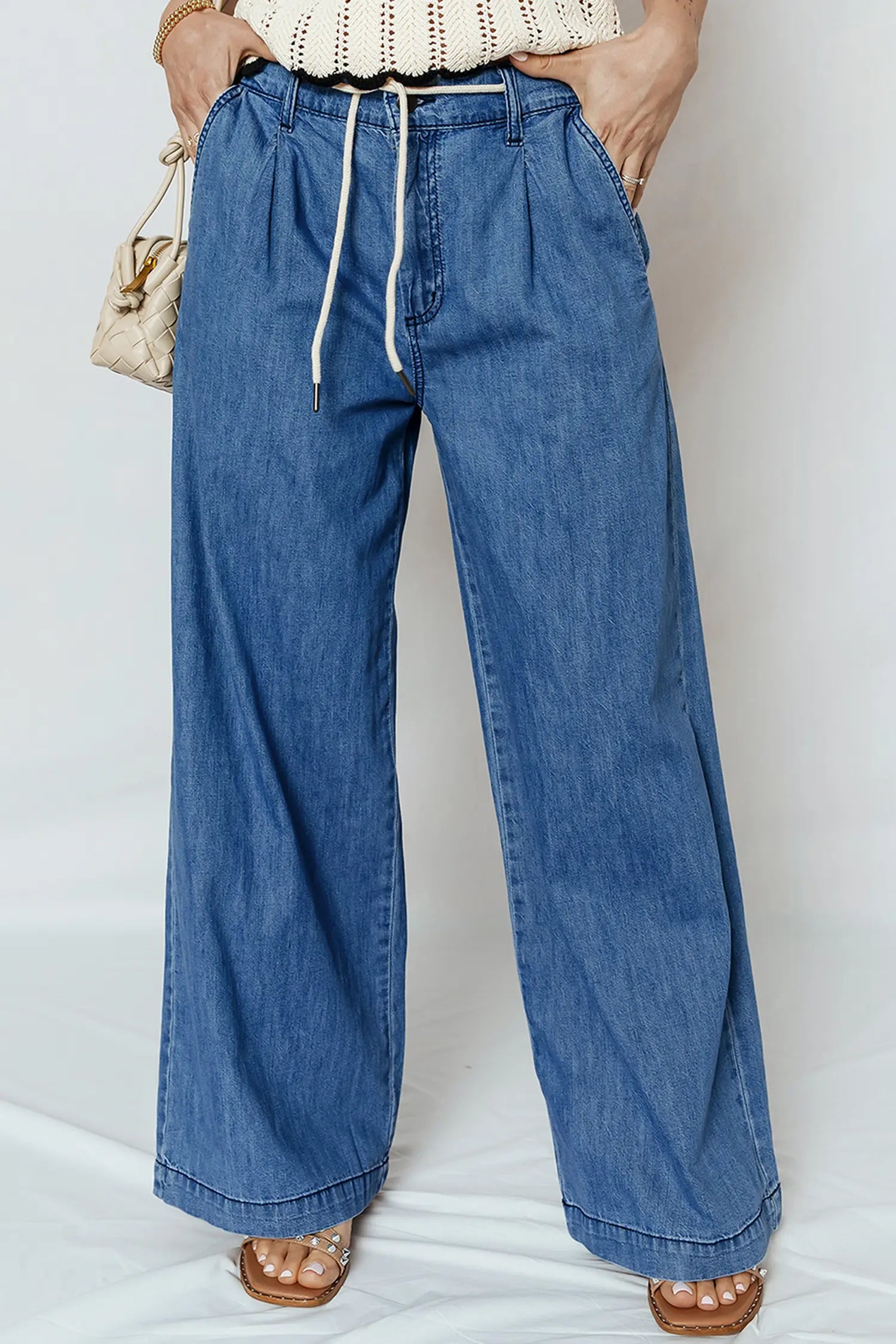Dusk Blue Lace-up Pull on Wide Leg Jeans