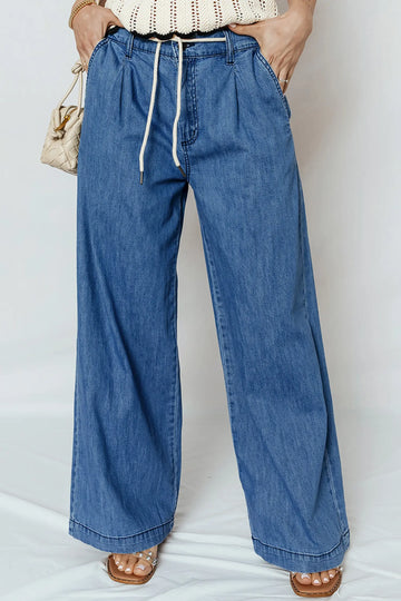 Dusk Blue Lace-up Pull on Wide Leg Jeans