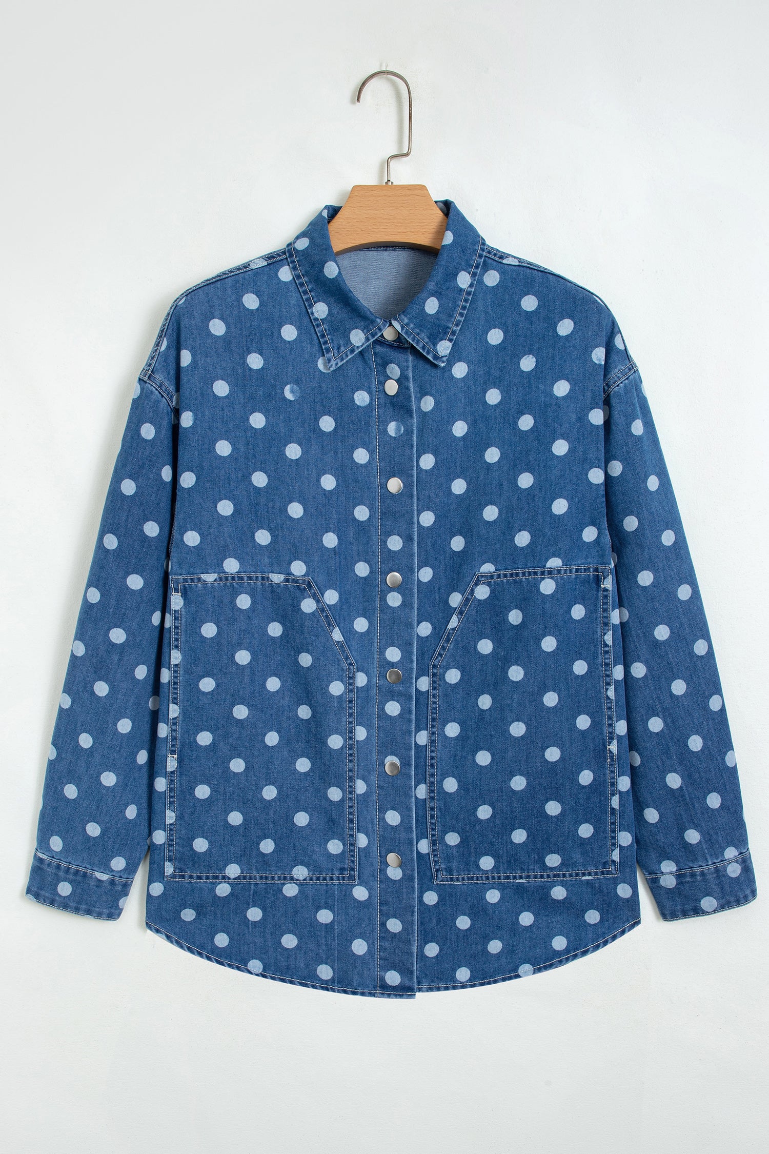 Polka Dot Long Sleeve Collar Shift Tunic Denim Jacket – Blue