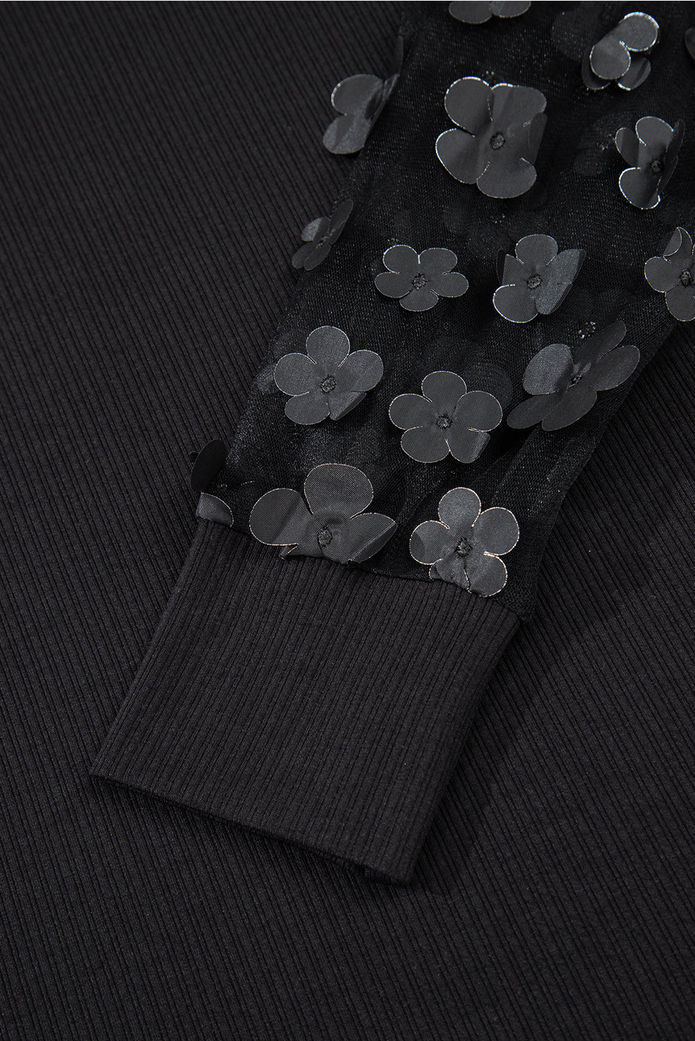 Black Flower Applique Mesh Long Sleeve V-Neck Blouse - eAura
