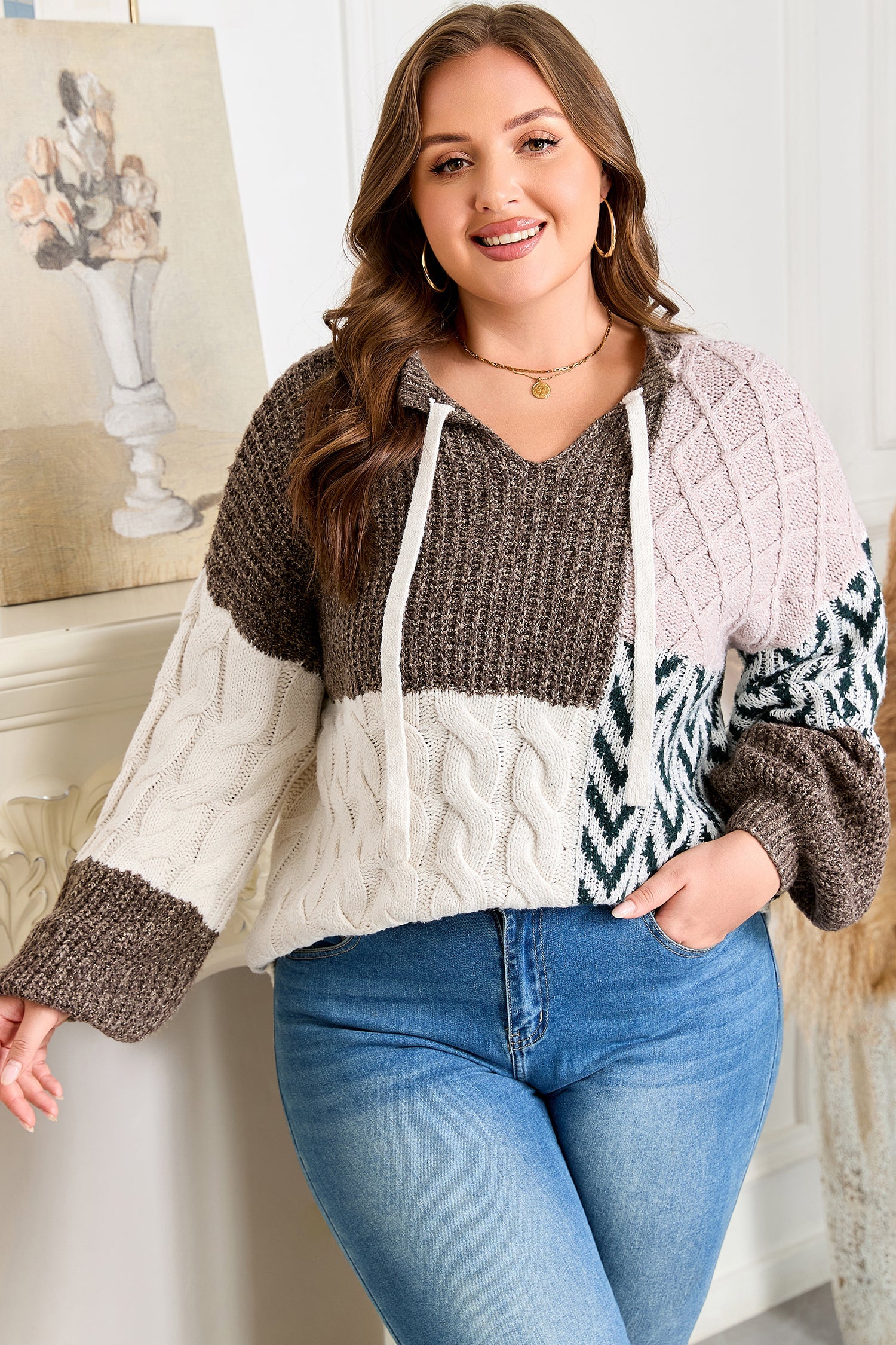 Brown Plus Size Color Block Patchwork Knotted Back Loose Fit Sweater - eAura