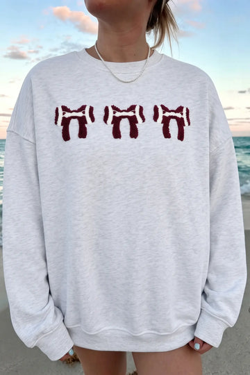 Chenille Embroidered Rugby Bow Game Day Oversized Sweatshirt – Grey