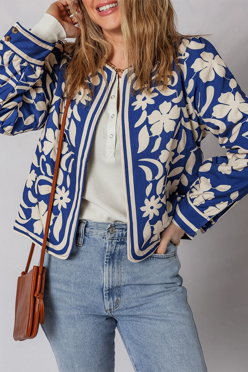 Blue Flower Print Open Front Buttoned Cuffs Elegant Jacket Dear-Lover Dropshipping