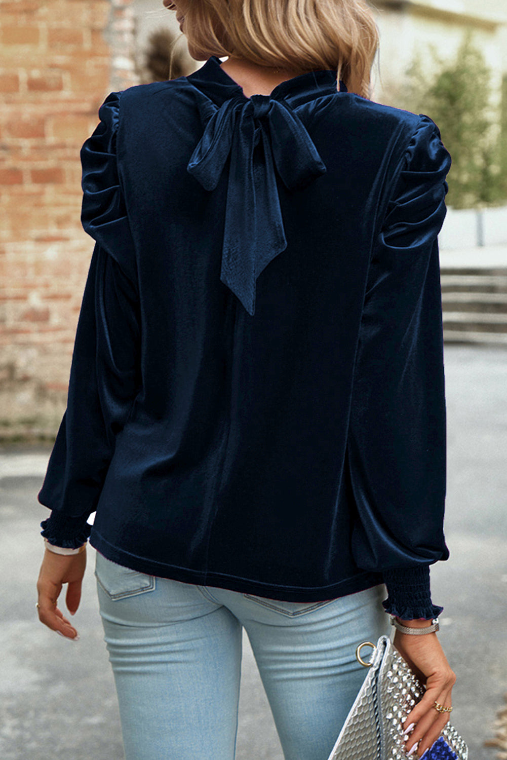 Sky Blue Fiery Mock Neck Puff Sleeve Velvet Blouse Beagle Boutique Fashion Outlet