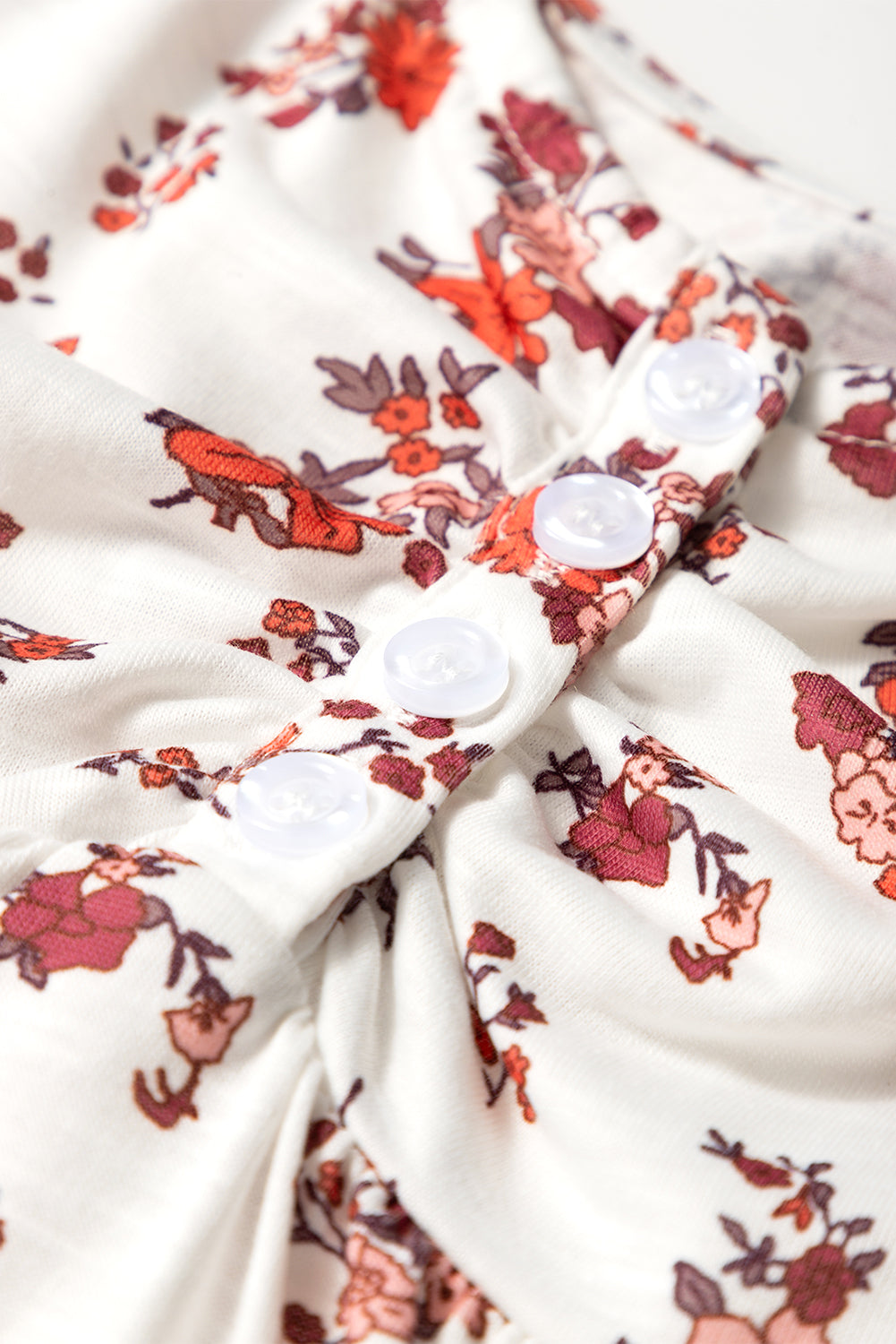 White Boho Floral Ruched Cinched Short Sleeve Blouse eAura