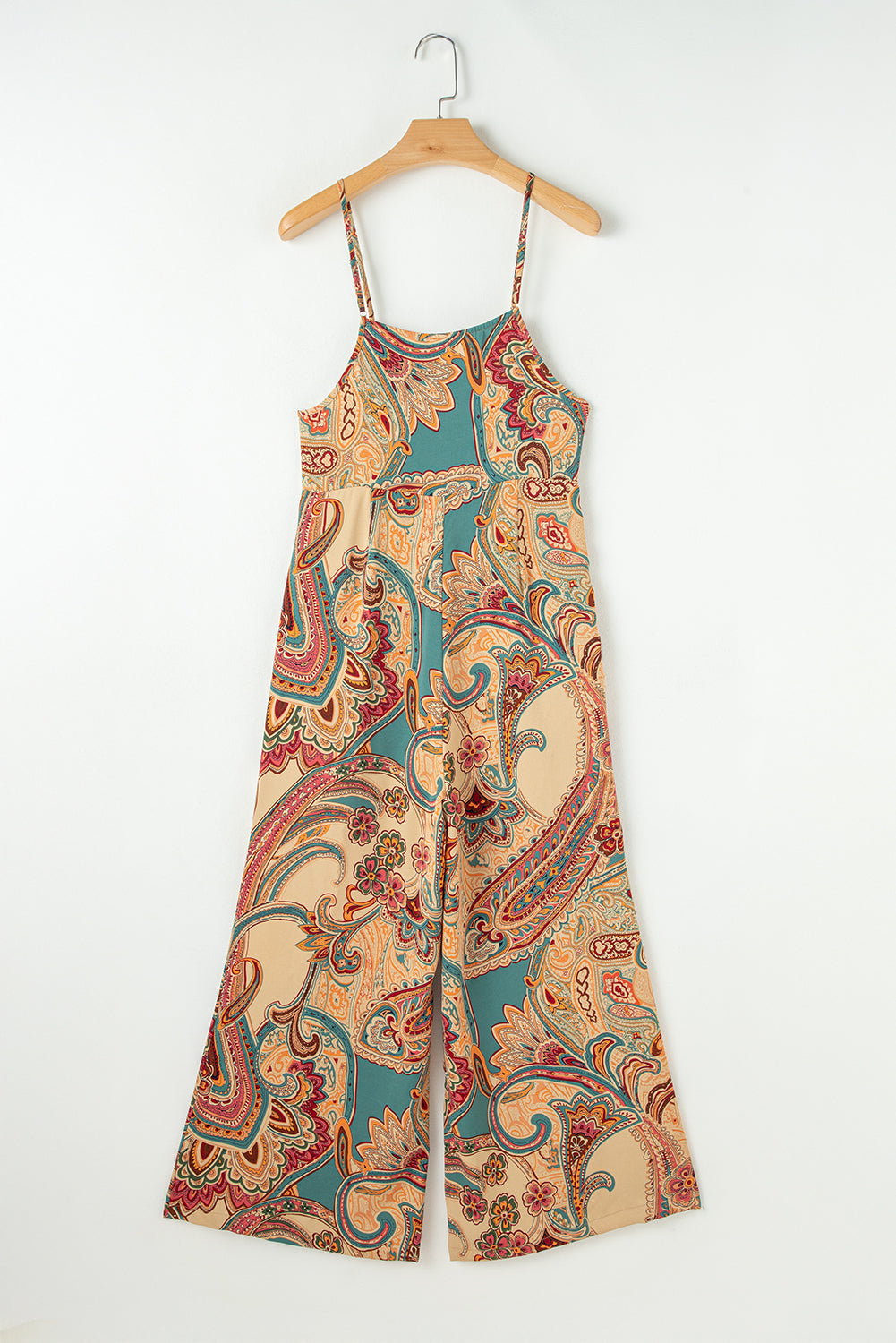 Red Paisley Printed Spaghetti Straps Elegant Wide Leg Jumpsuit eAura