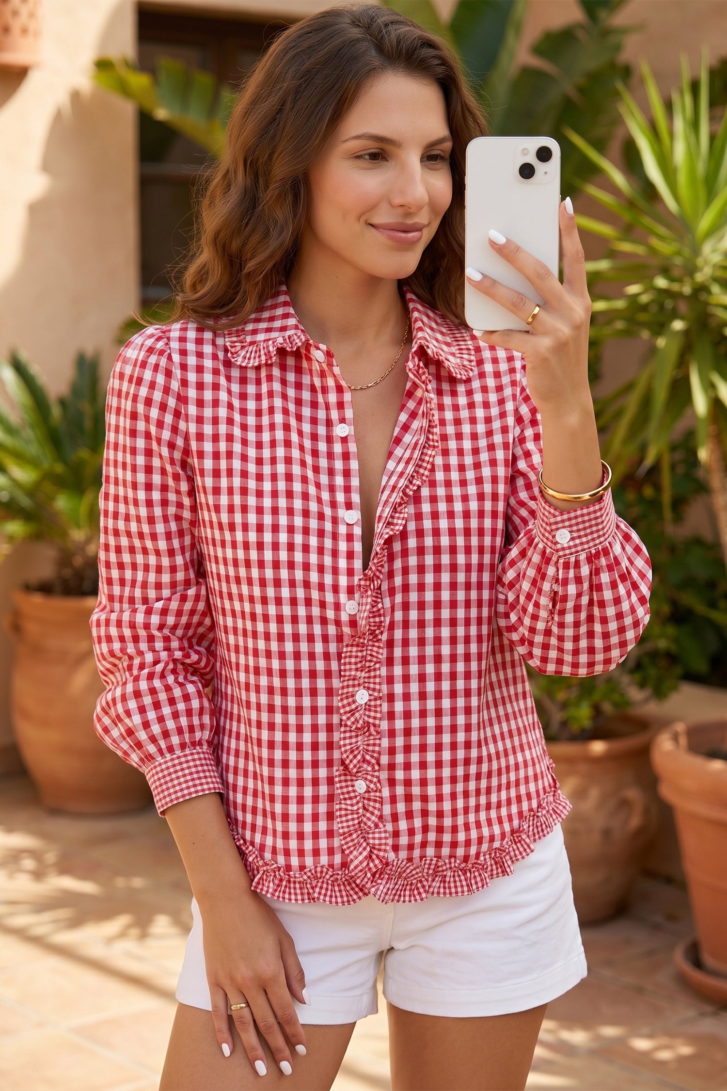 Plaid Long Sleeve Button Down Frill Detail Casual Shirt – Red