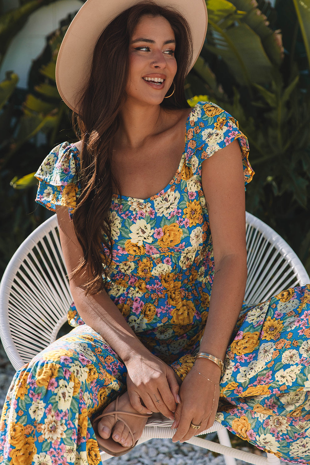 Yellow Floral Allover Print Shirred Cut Out High Waist Jumpsuit eAura