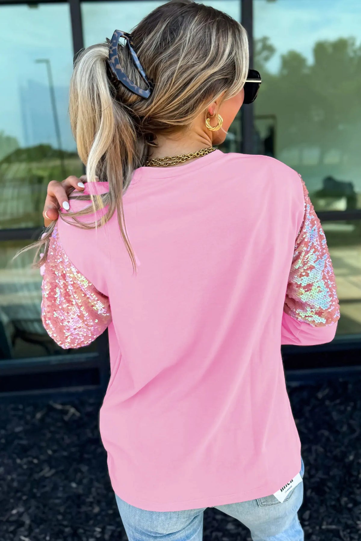 Long Sleeve Sequin Round Neck Pullover Top – Pink
