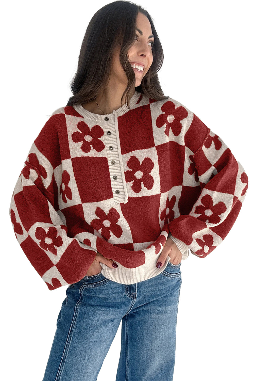 Flower Colourblock Checkered Henley Sweater - eAura