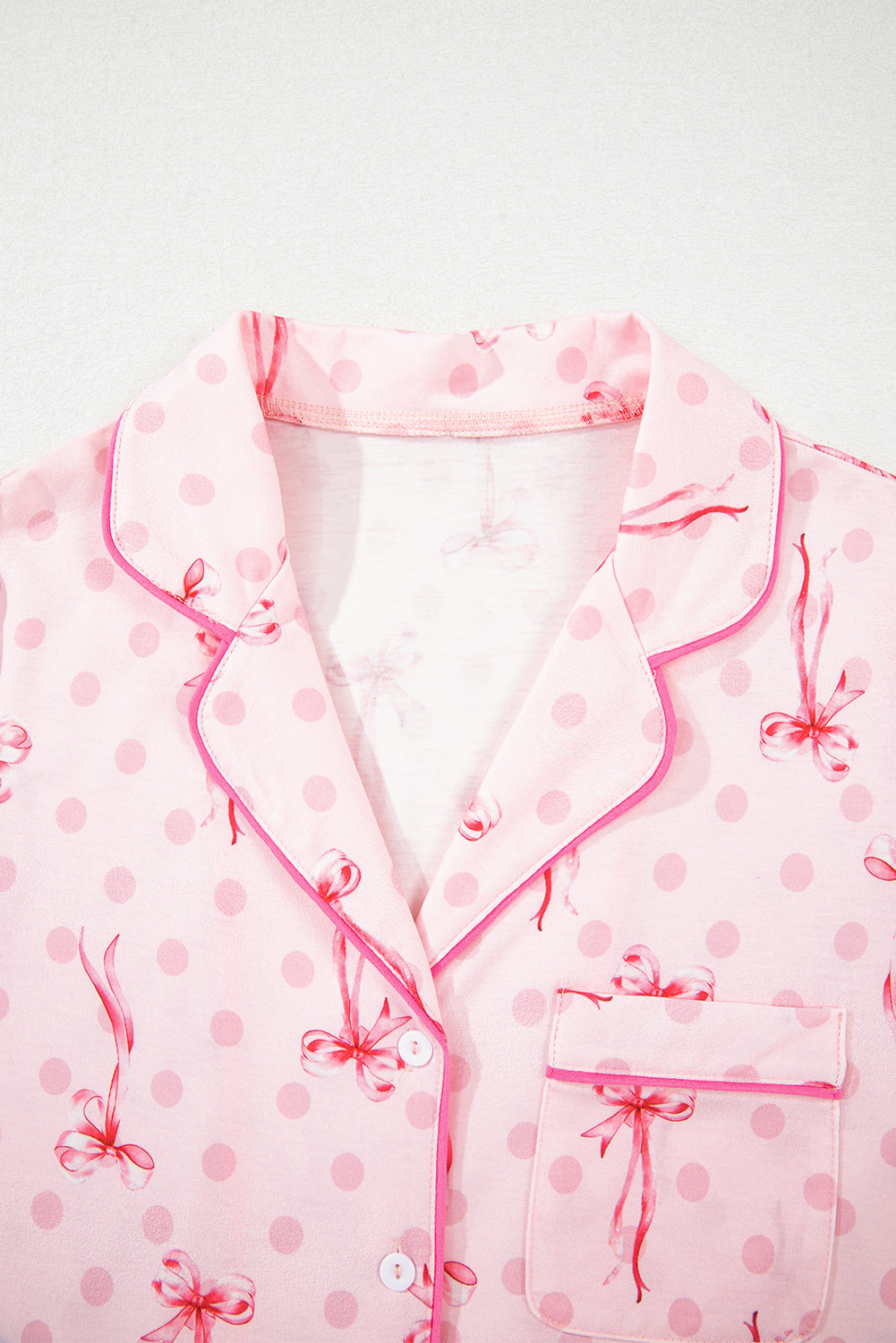 Pink Bow Print Contrast Pipping Short Pyjamas Set eAura
