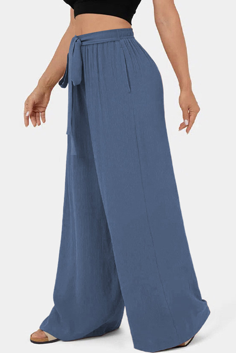 Coffee High Waisted Tie Front Side Pocket Wide Leg Flowy Casual Pants Dear-Lover Dropshipping