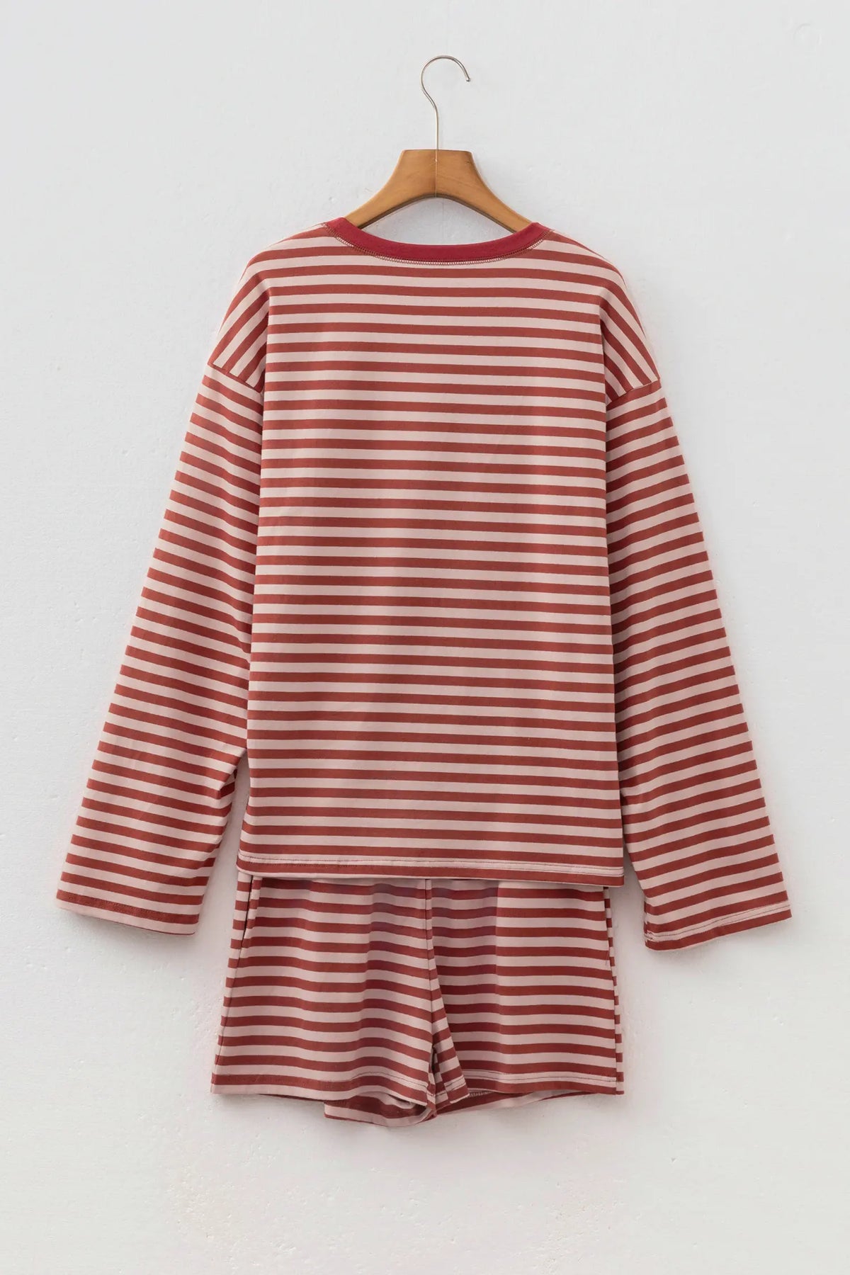 Relaxed Long Sleeve Top Contrast Elastic Waistband Short Set – Brown Stripe