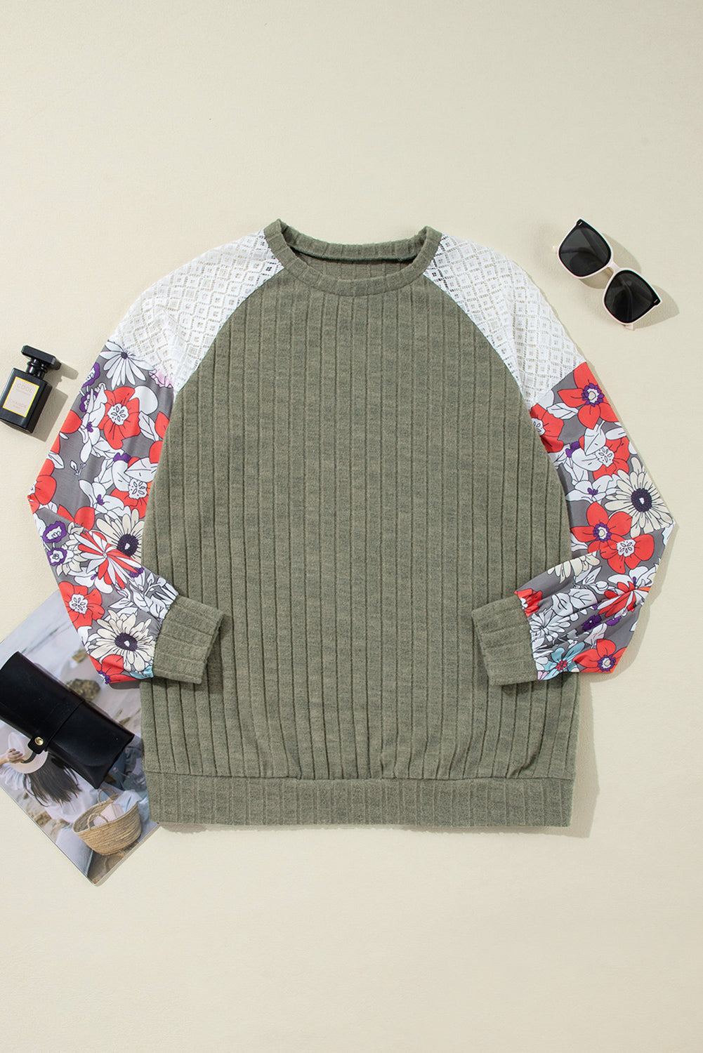 Laurel Green Floral Patchwork Long Sleeve Ribbed Blouse eAura