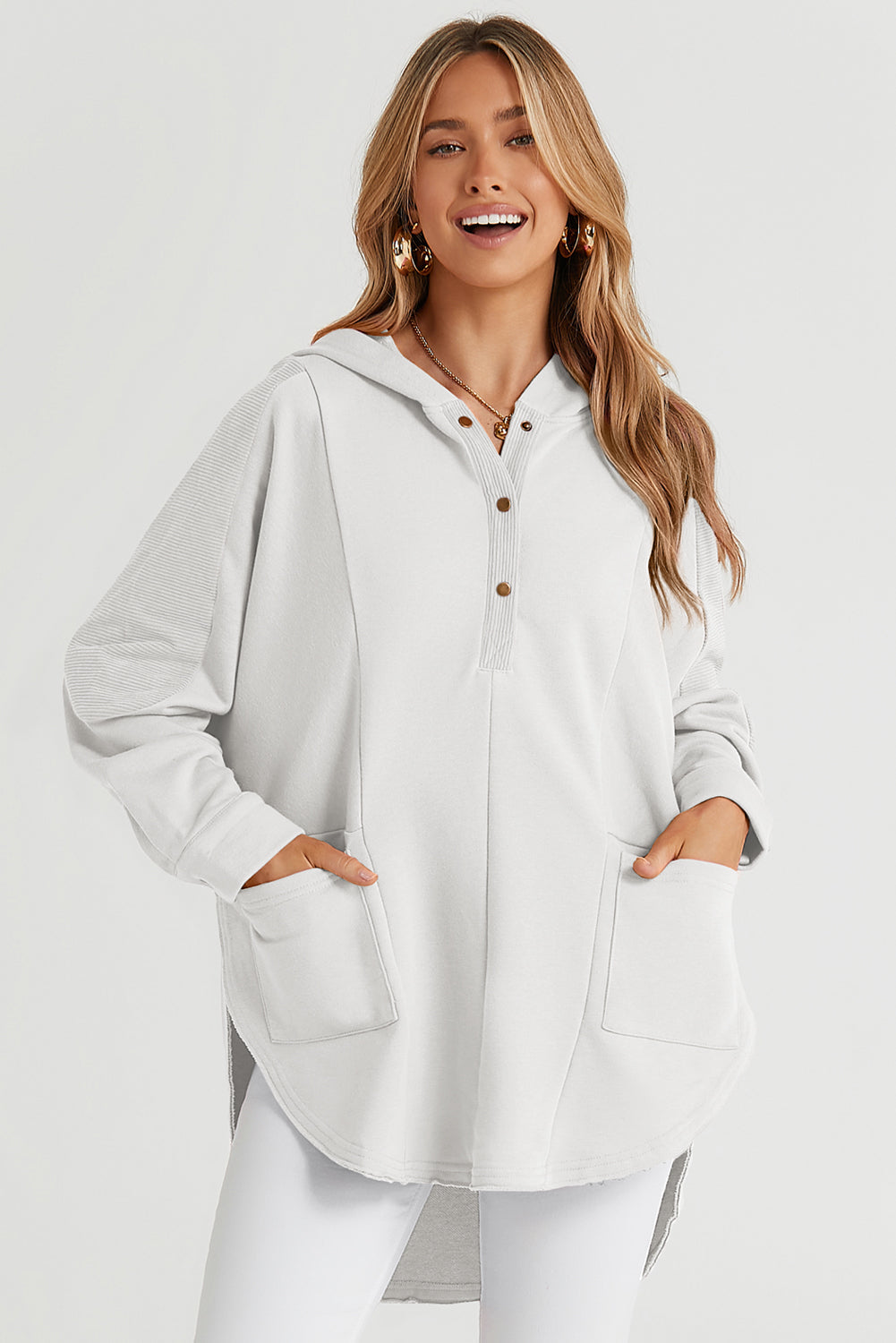 White Patchwork Side Pockets Oversized Henley Hoodie eAura