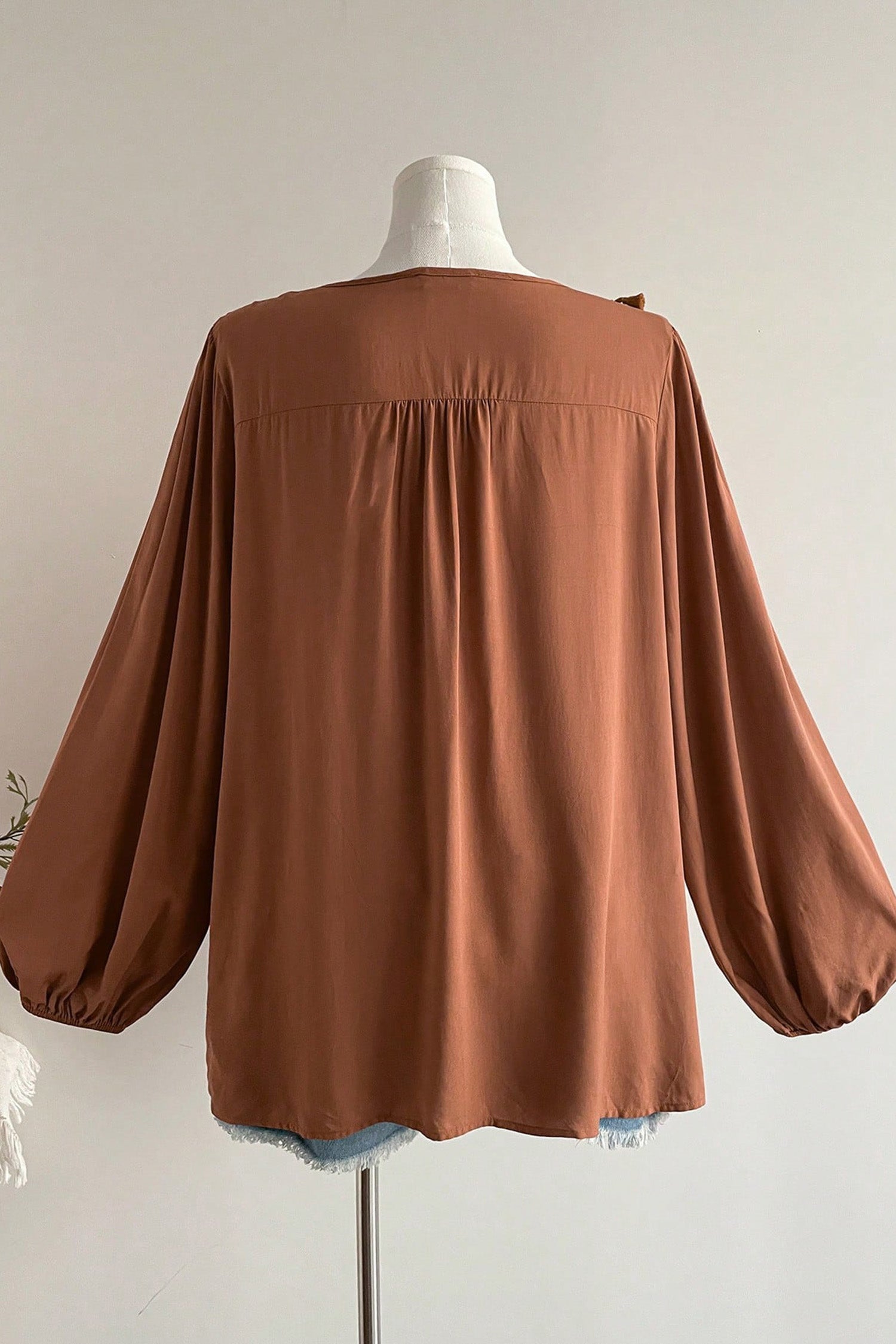 Boho V Neck Embroidered Tassel Long Sleeve Plus Size Blouse – Chestnut