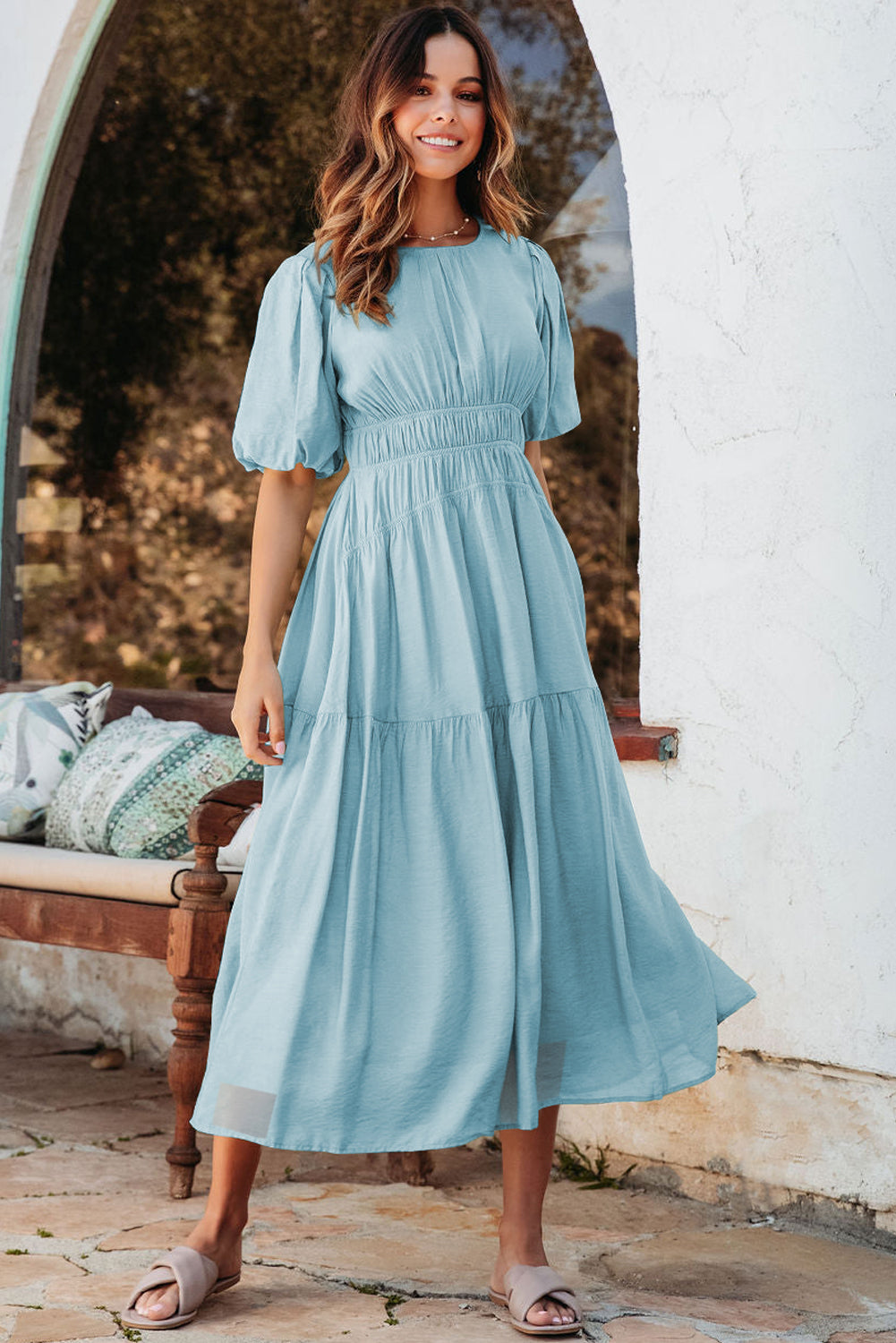 Puff Sleeve High Waist Flowy Chiffon Lined Midi Dress