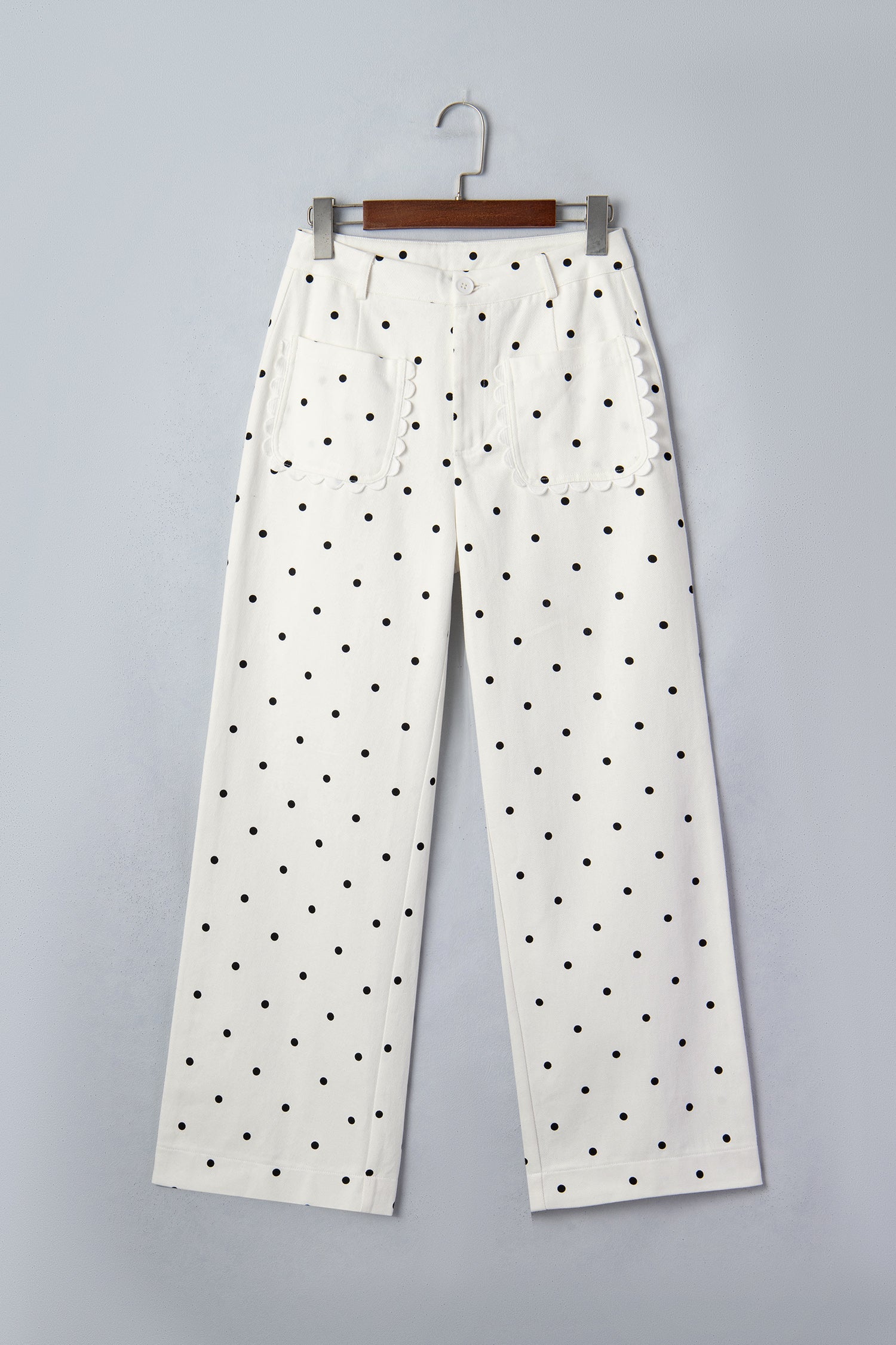 White Polka Dot Scalloped Pocket Cotton Shift Pants