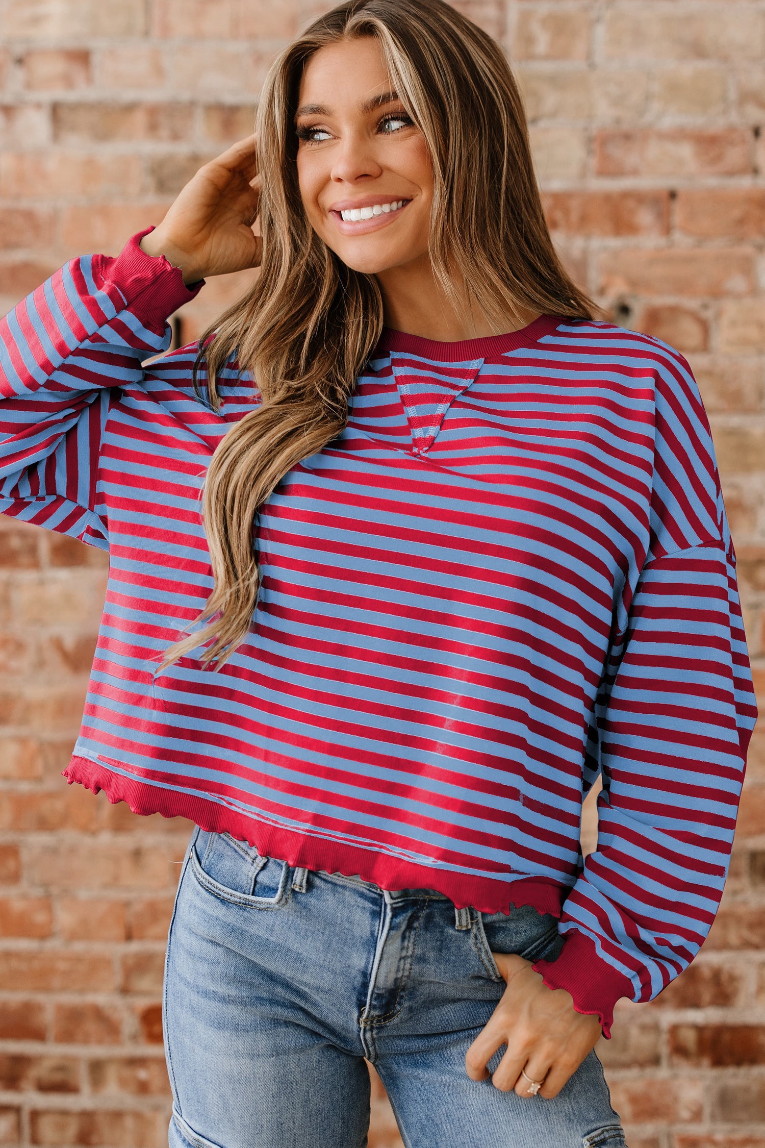 Striped Exposed Seam Contrast Ribbed Trim Boxy Sweatshirt - Tops/Sweatshirts & Hoodies