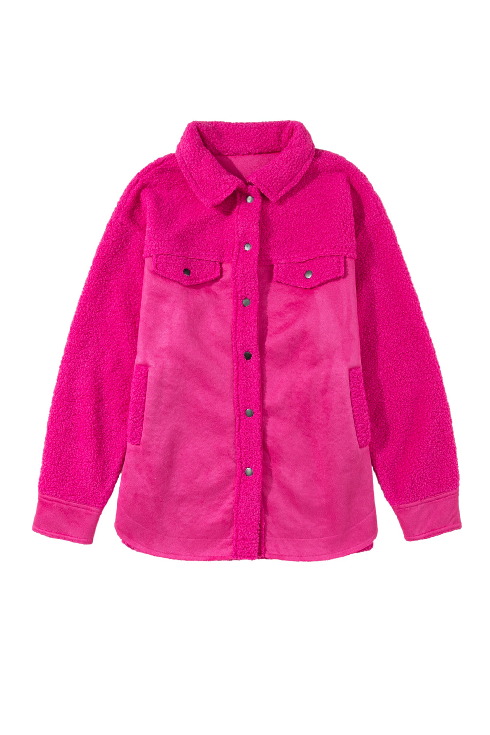 Bright Pink Faux Suede Sherpa Patchwork Button-up Shacket Beagle Boutique Fashion Outlet