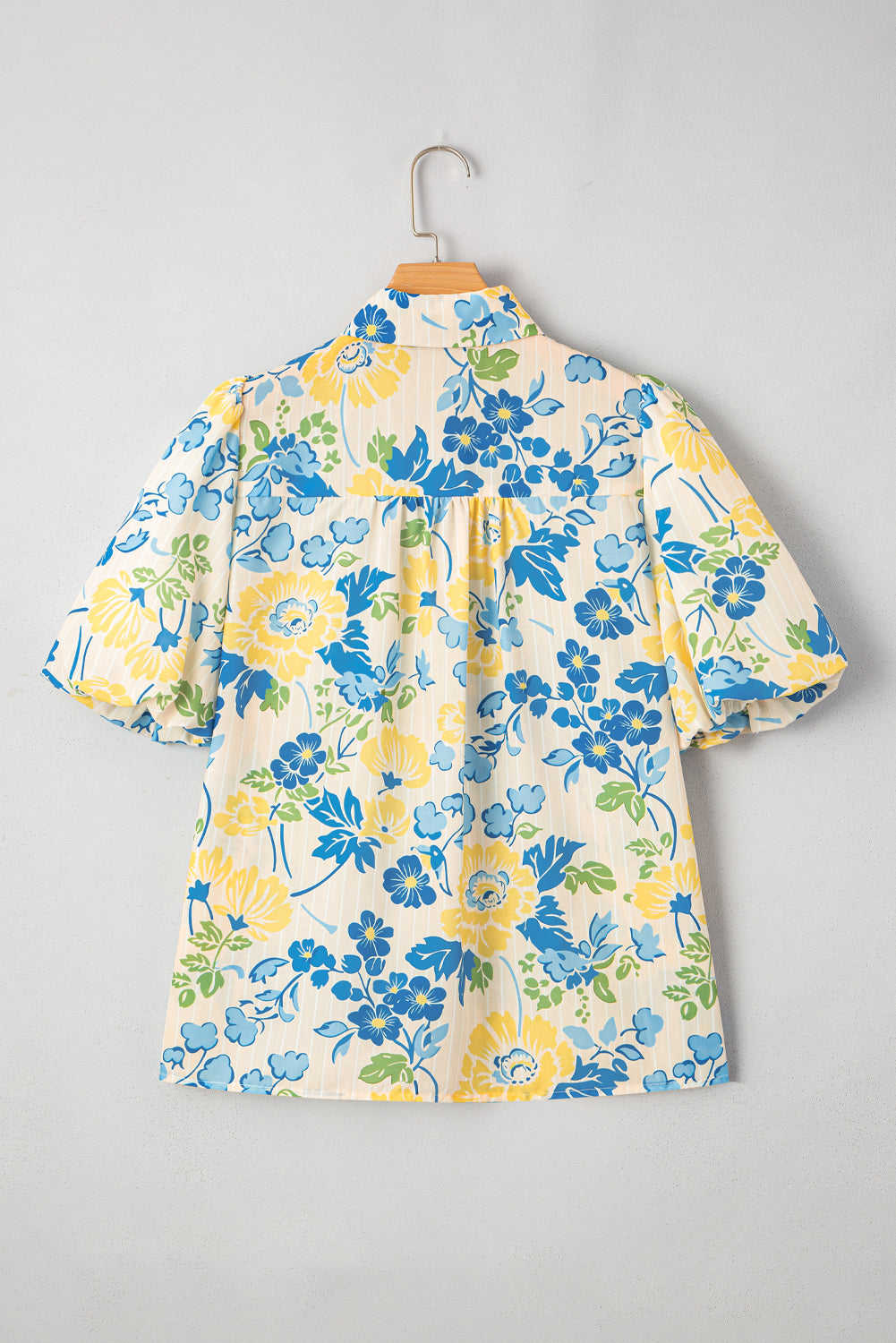 Blue Floral Striped Mixed Print Puff Short Sleeve Blouse eAura