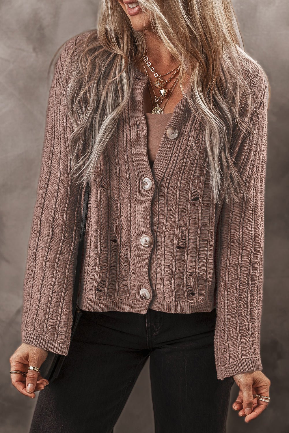 Goat Cut Out Textured Knit Buttoned Cardigan Beagle Boutique Fashion Outlet