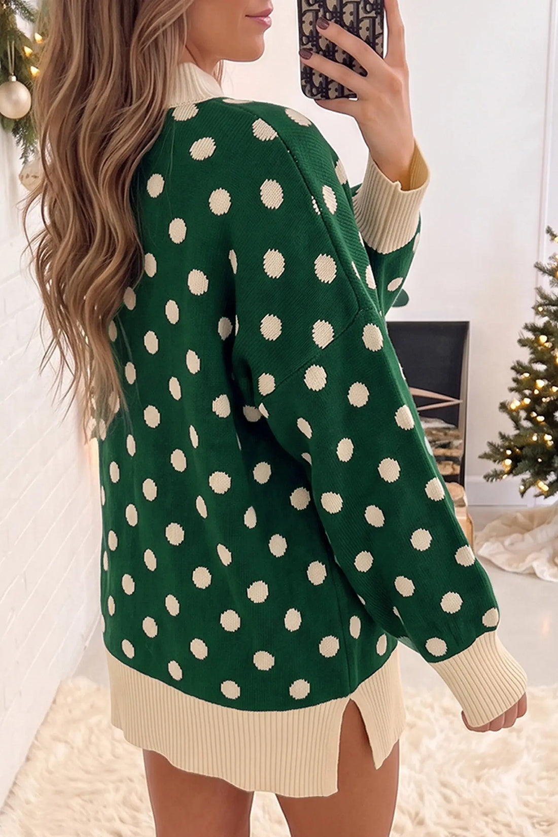 Polka Dot Pattern Ribbed Colourblock Trim Split Tunic Sweater
