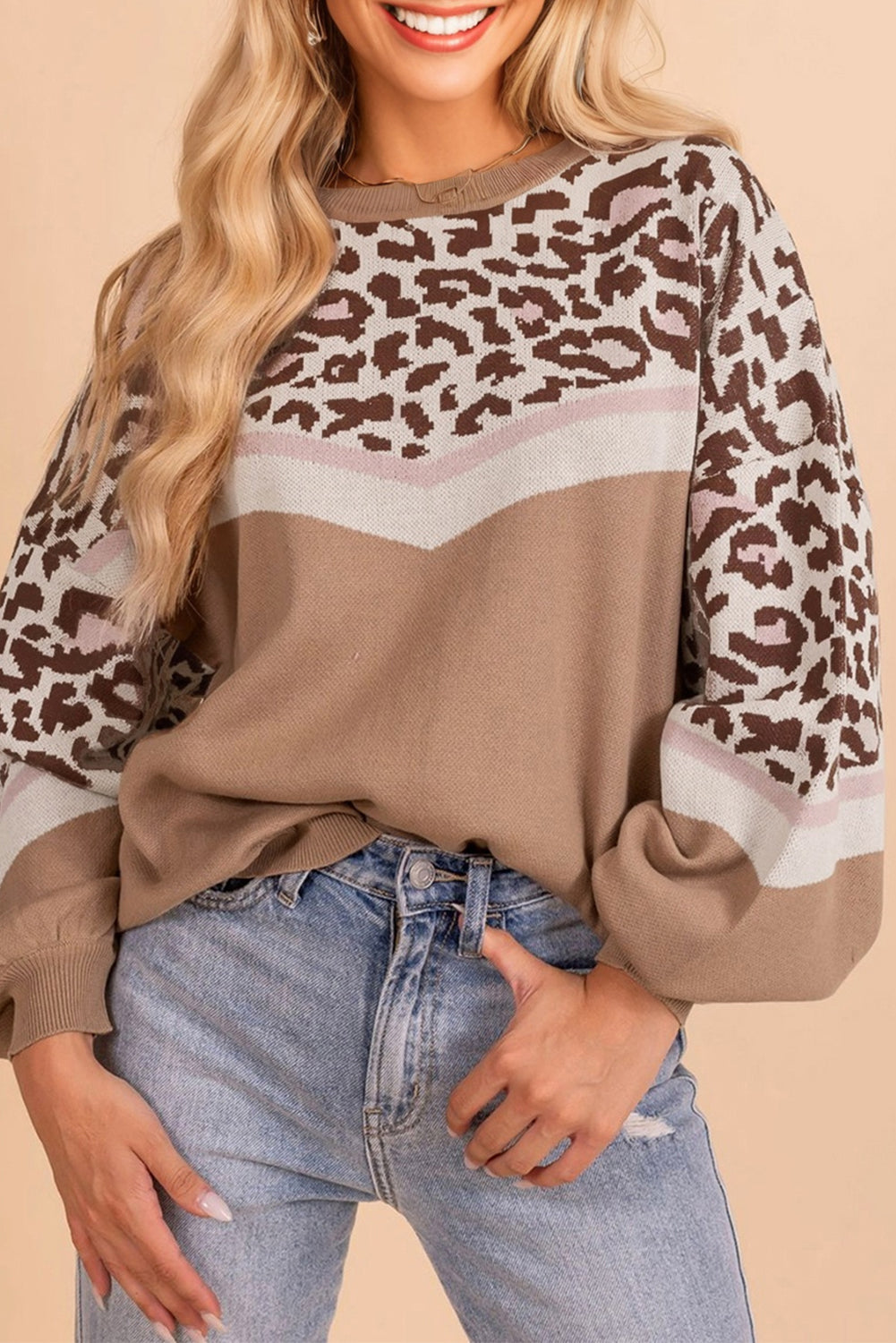 Leopard Round Neck Knit Oversized Sweater - eAura