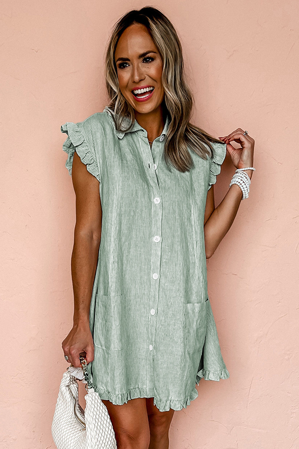 Green Stripe Frilled Sleeveless Collar Front Pocket Button Up Mini Dress eAura