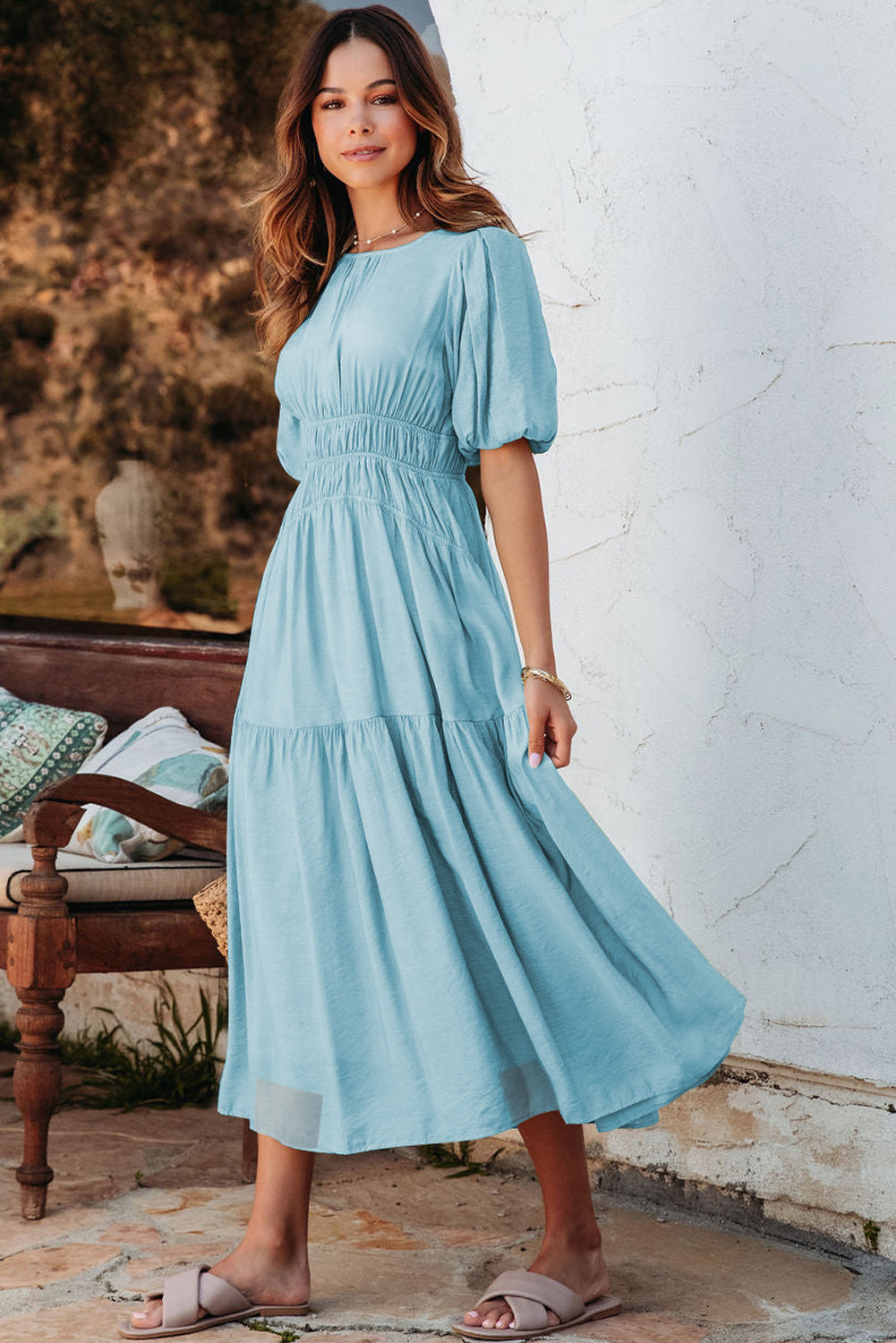 Puff Sleeve High Waist Flowy Chiffon Lined Midi Dress