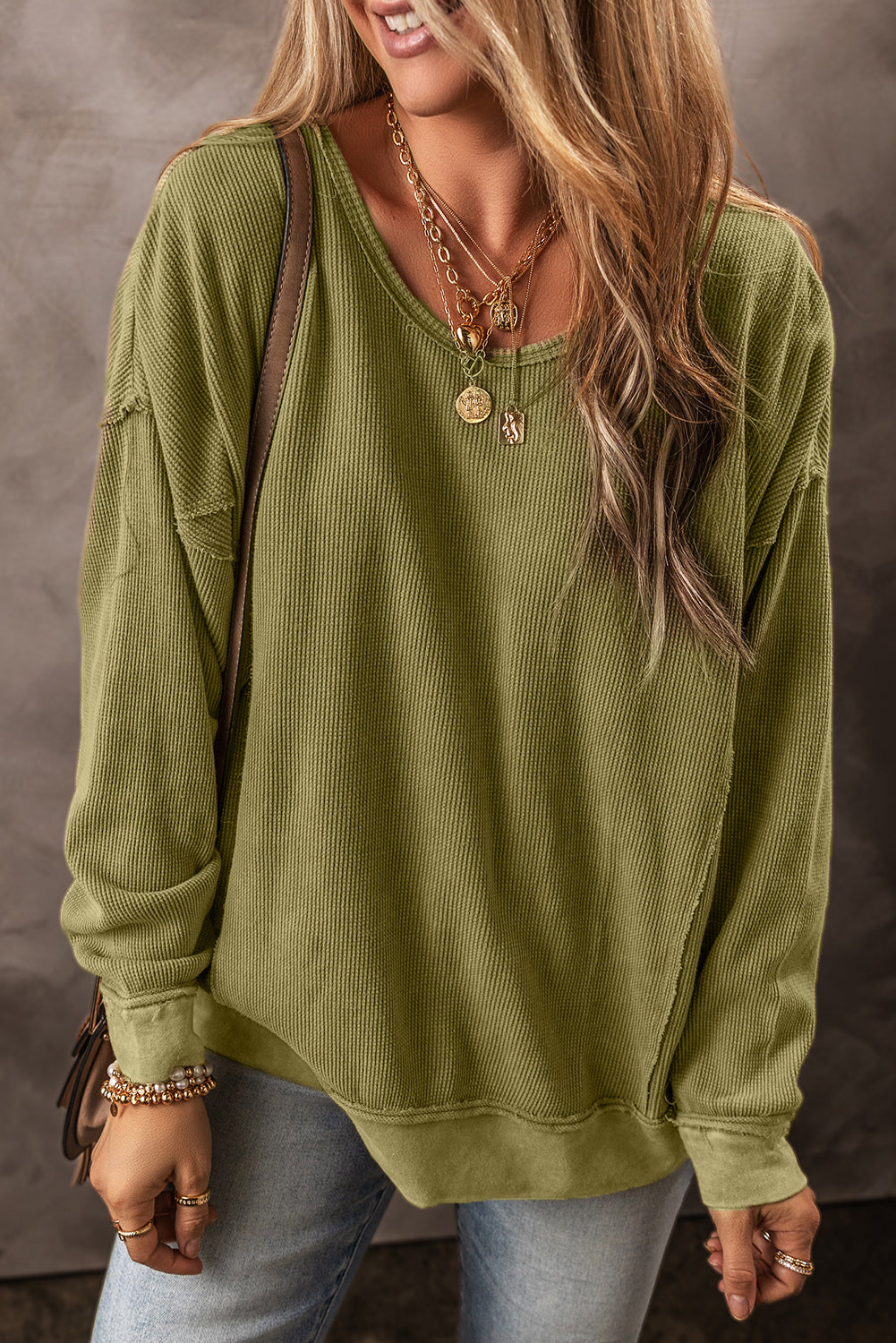 Jungle Green Textured Seamed Drop Sleeve Sweatshirt eAura