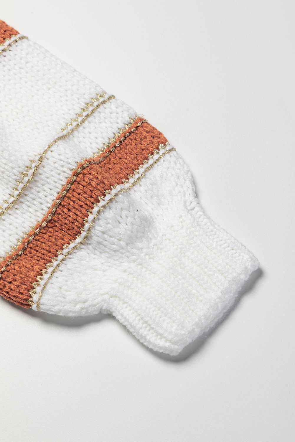 White Striped Knit Puff Sleeve Casual Sweater eAura