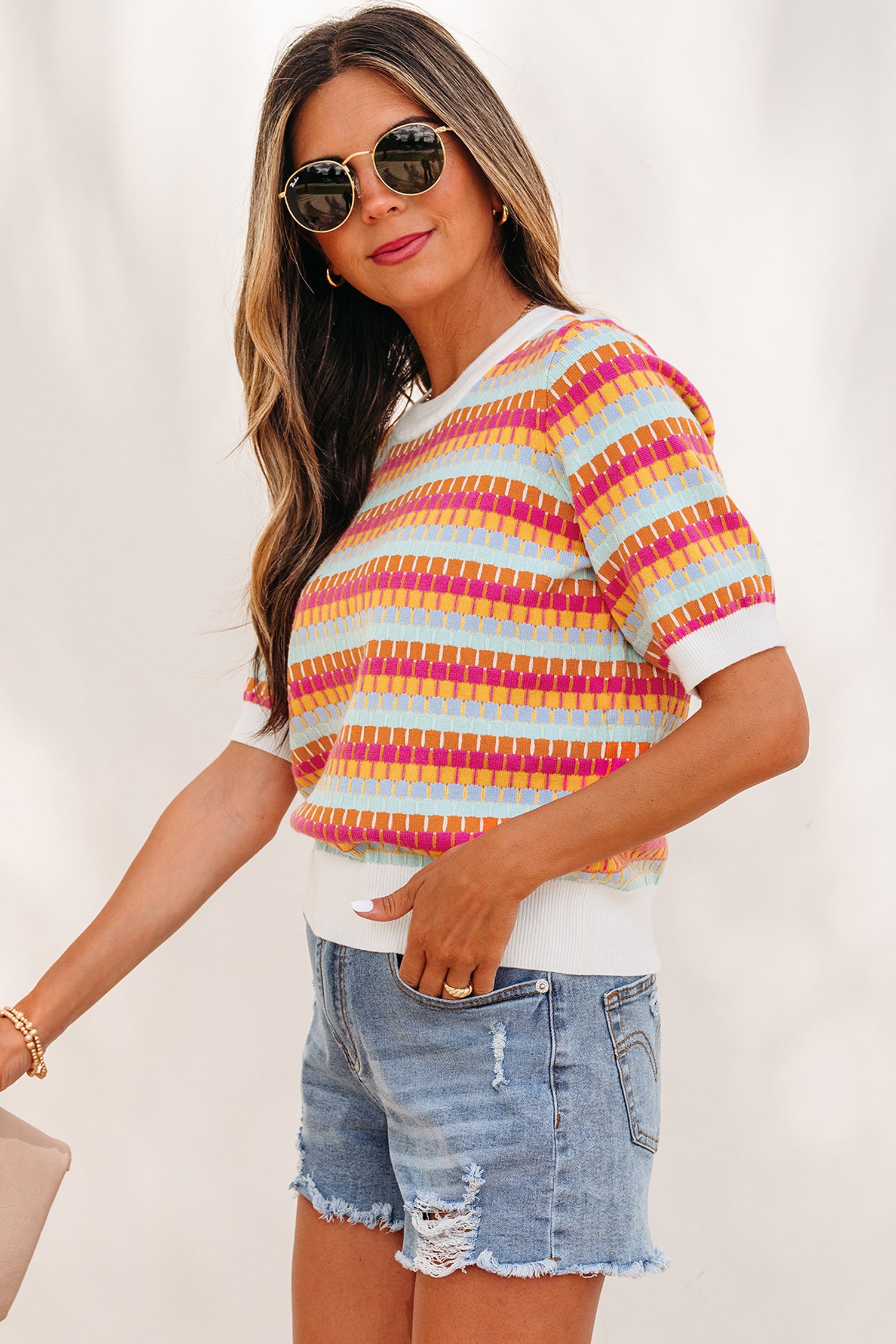 Abstract Striped Knit Short Sleeve Sweater