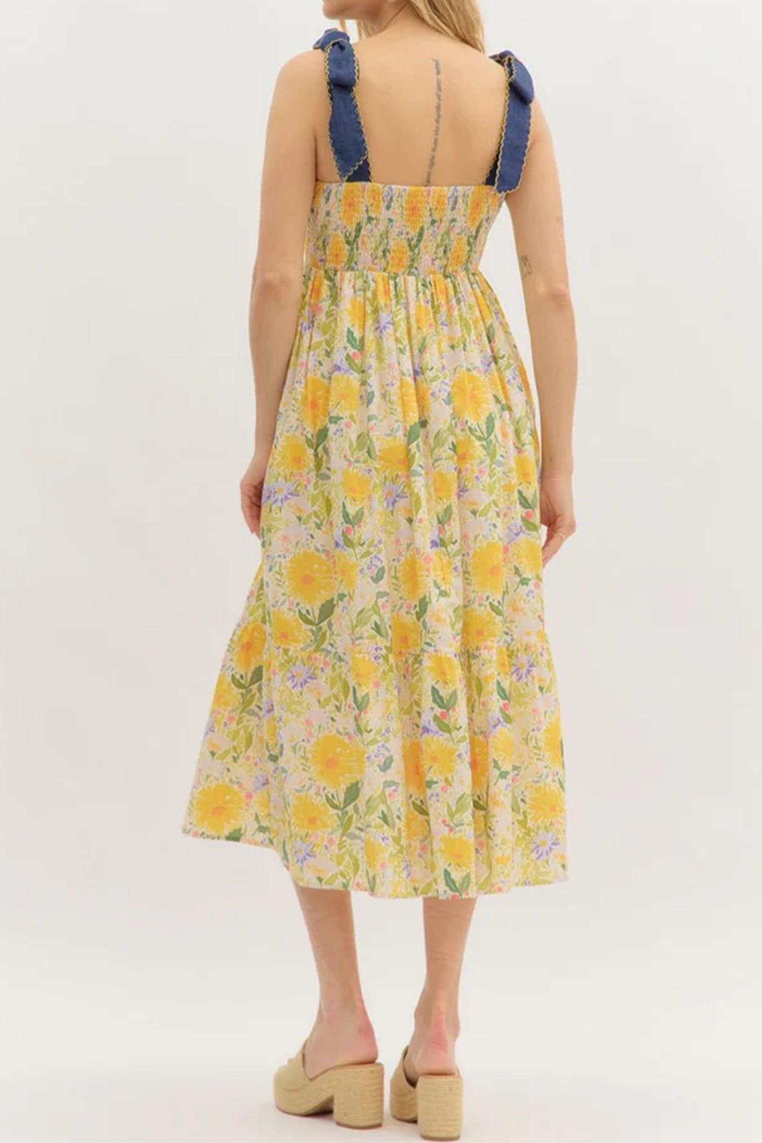 Floral Print Contrast Stitched Knot Denim Straps Maxi Dress