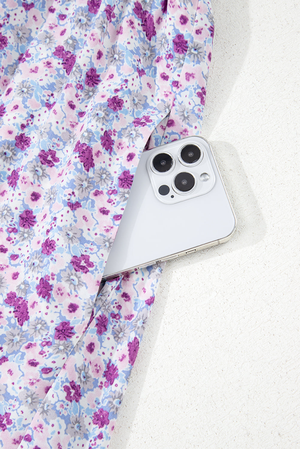 Purple Floral Short Bubble Sleeve Shirred High Waist Maxi Dress eAura