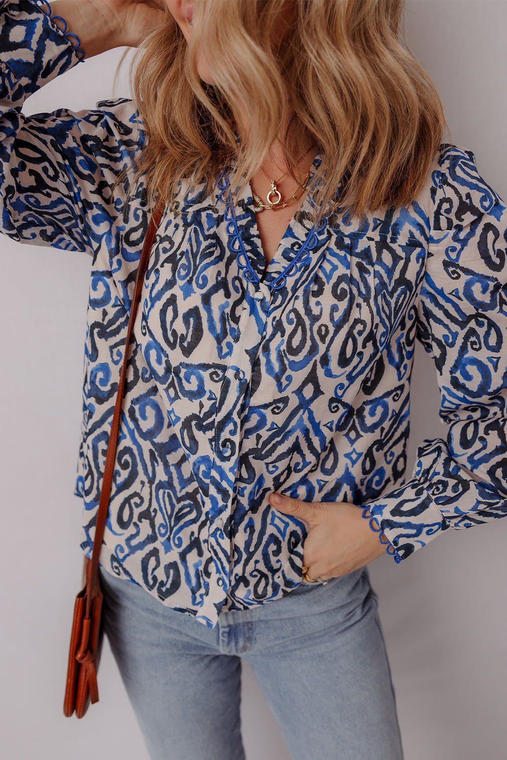 Blue Bohemian Print Embroidered V-Neck Long Sleeve Blouse - eAura