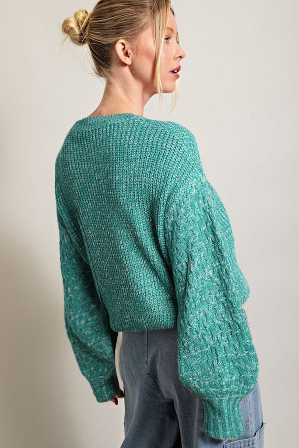 Light Grey Cable Knit Sleeve Drop Shoulder Sweater eAura