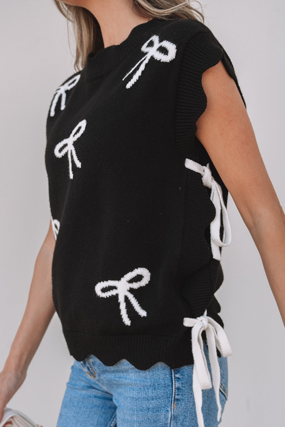 Black Bow Print Side Ties Scalloped Hem Sweater eAura