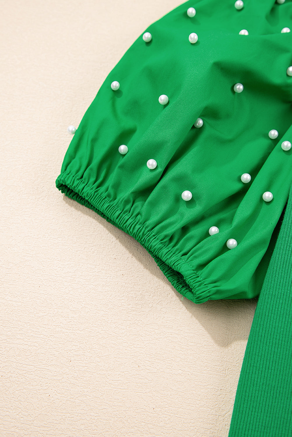 Bright Green Ribbed Pearl Beaded Puff Sleeve Top eAura