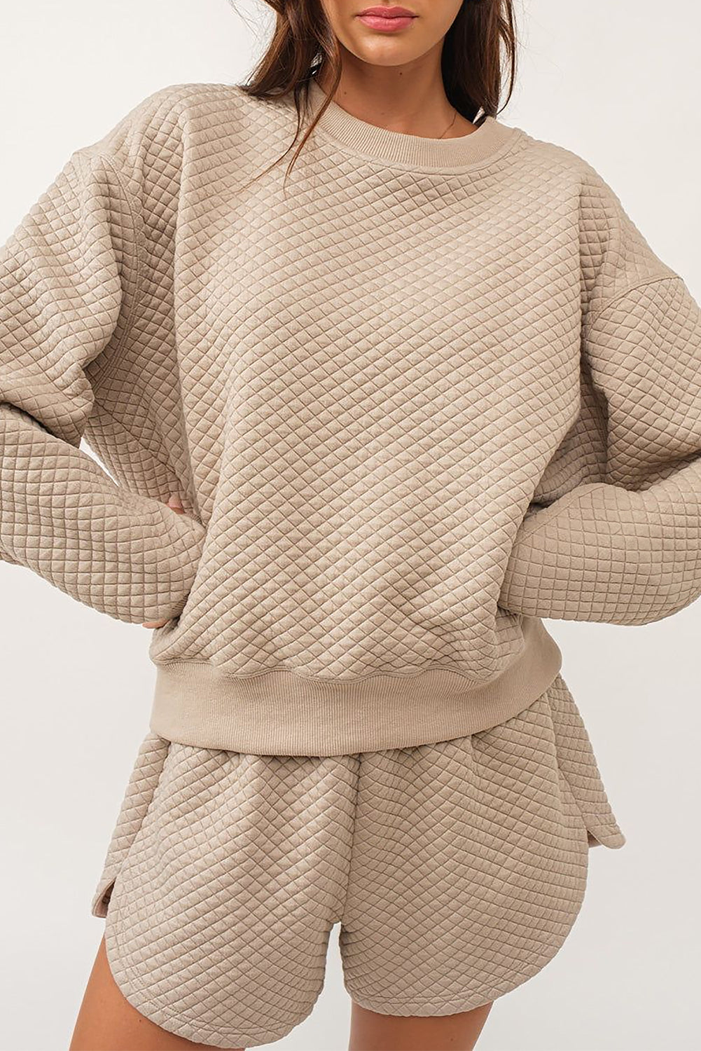 Parchment Solid Colour Quilted Long Sleeve Top and Shorts Set eAura